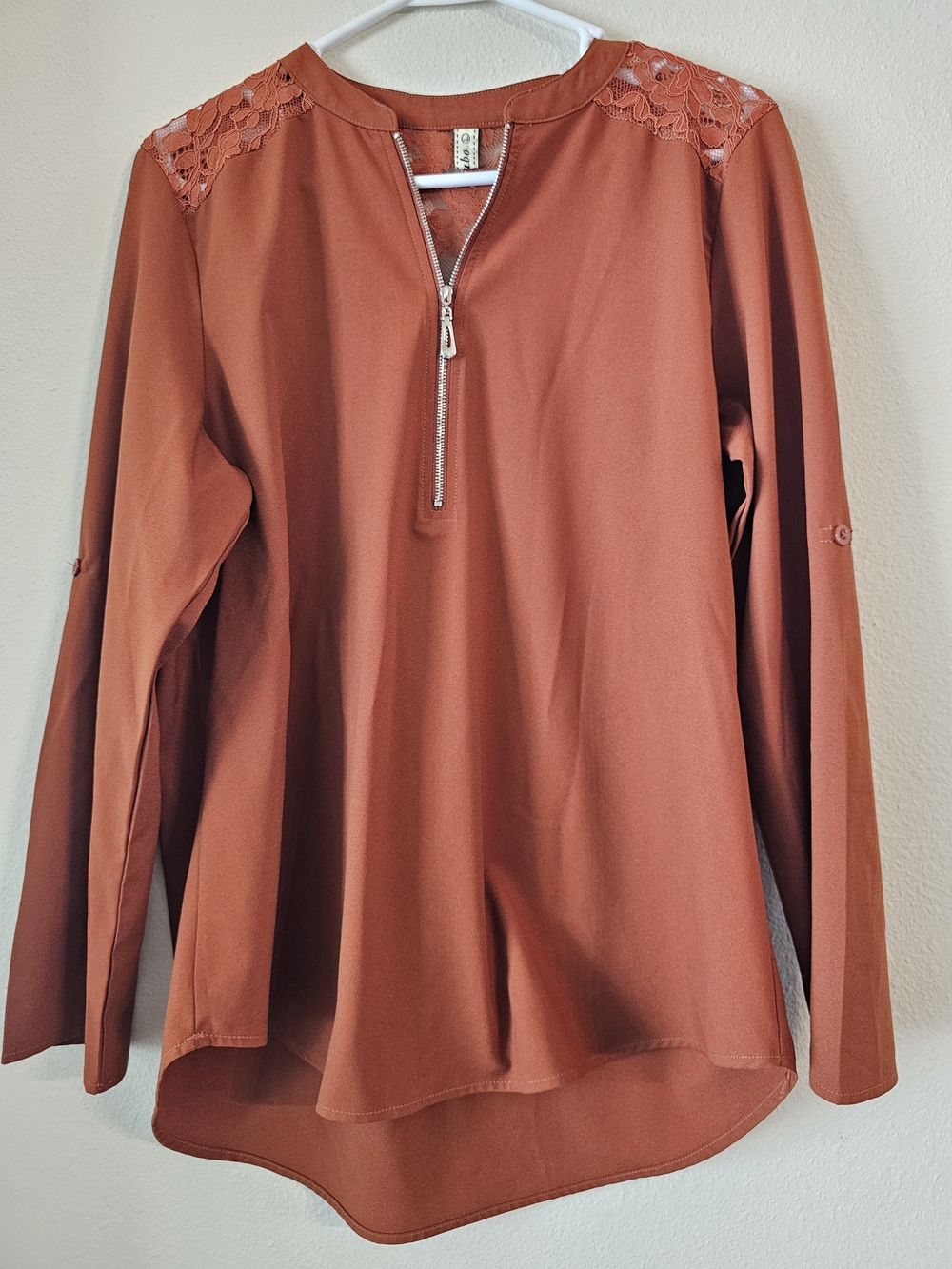 Women's Rust Lace-Shoulder Zip Front Blouse